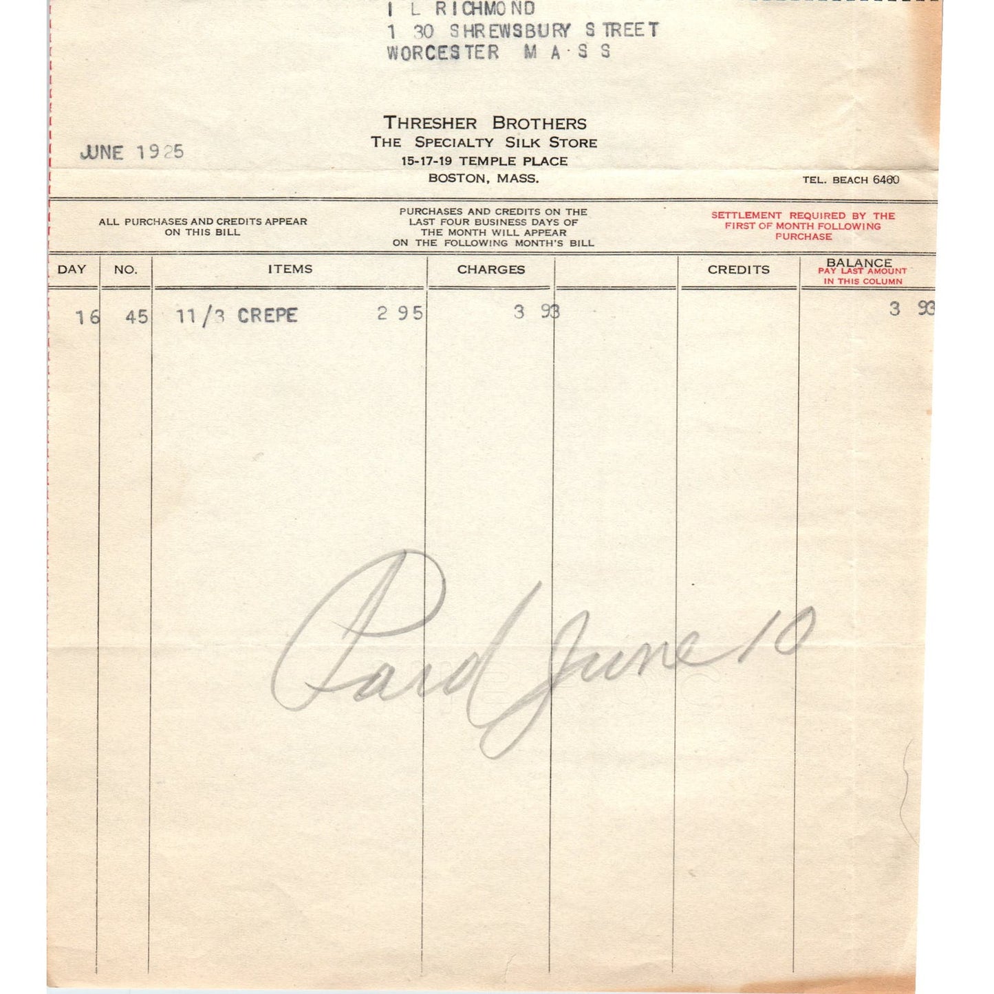 Thresher Brothers Silk Boston MA 1925 Original Billhead Letterhead Receipt D8-LL