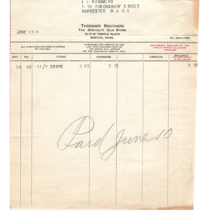 Thresher Brothers Silk Boston MA 1925 Original Billhead Letterhead Receipt D8-LL