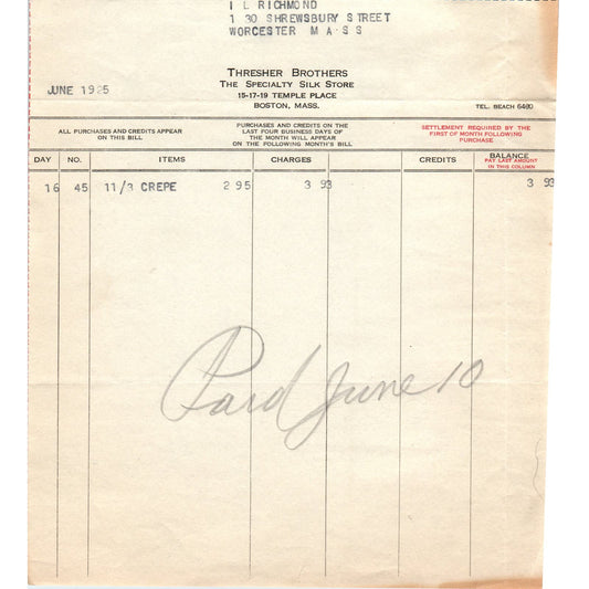 Thresher Brothers Silk Boston MA 1925 Original Billhead Letterhead Receipt D8-LL