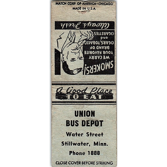 Union Bus Depot Water Street Stillwater MN Vintage Matchbook Cover SC7-Y1