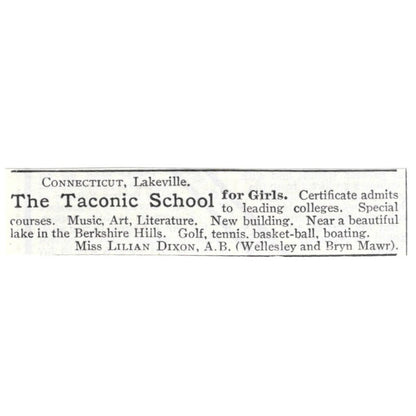 The Taconic School for Girls Lakeville CT Lilian Dixon 1903 Magazine Ad AF7-SS5