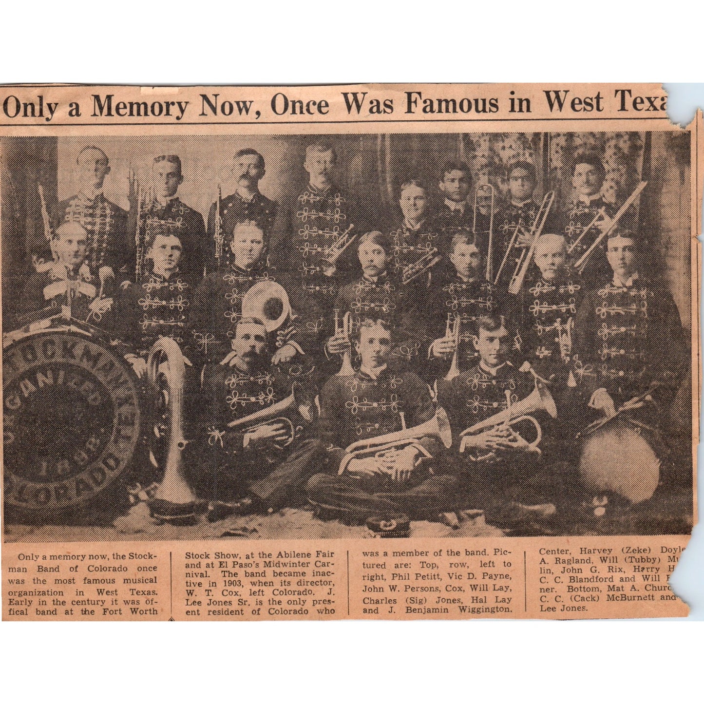 The Stockman Band of Colorado Original West Texas Newspaper Article Clipping D20