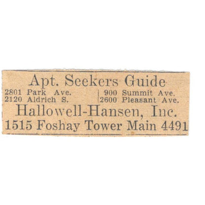 Apt Seekers Hallowell-Hansen Inc Foshay Tower 1935 Minneapolis Journal Ad AE7-H3