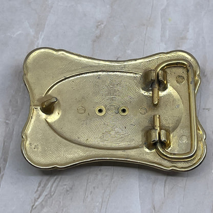 Vintage Western Metal Gold And Black Tone Engraved Pink Granite Belt Buckle SB8