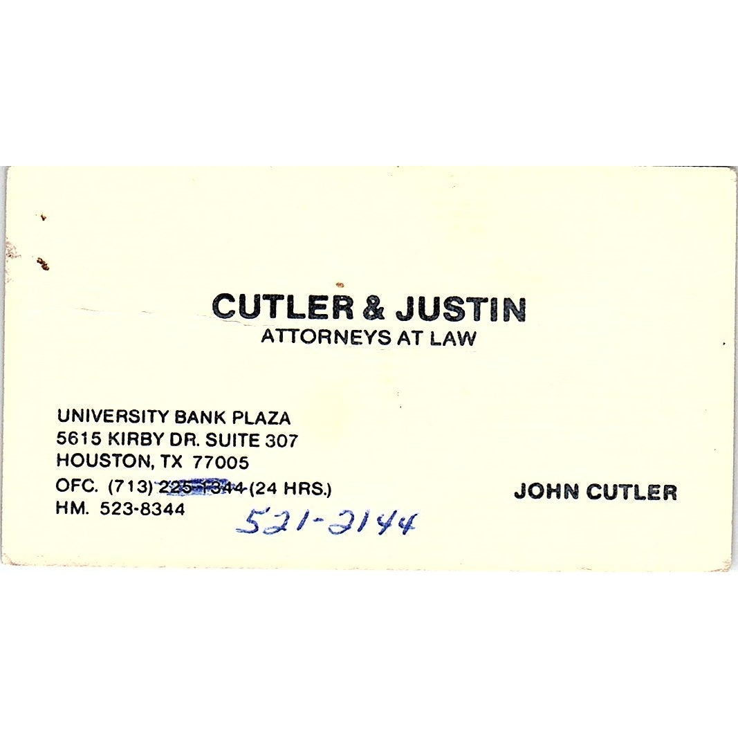 John Cutler & Justin Attorneys Houston Vintage Business Card SC9-B7