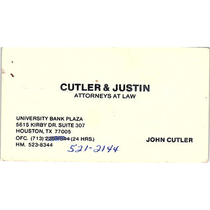 John Cutler & Justin Attorneys Houston Vintage Business Card SC9-B7