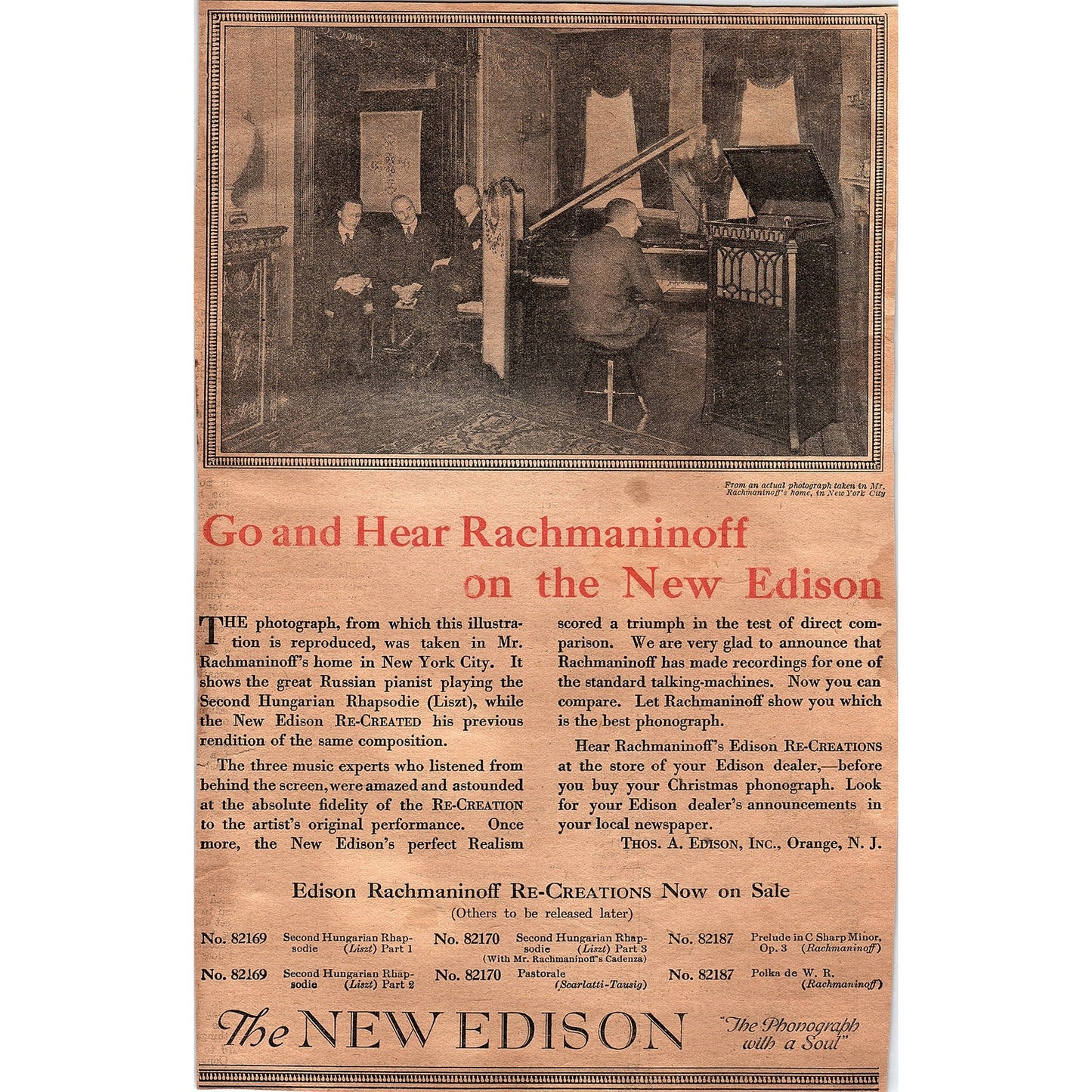 Hear Rachmaninoff on The New Edison Phonograph Orange NJ 1920 Ad AG2-6