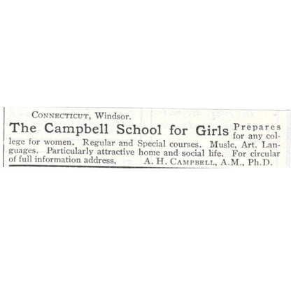 The Campbell School for Girls Windsor CT A.H. Campbell 1903 Magazine Ad AF7-SS5