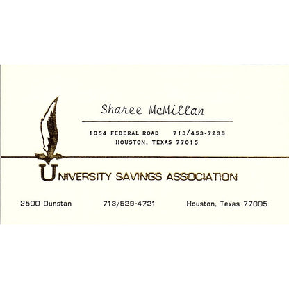 University Savings Association Sharee McMillian Houston TX Business Card SB4-B10