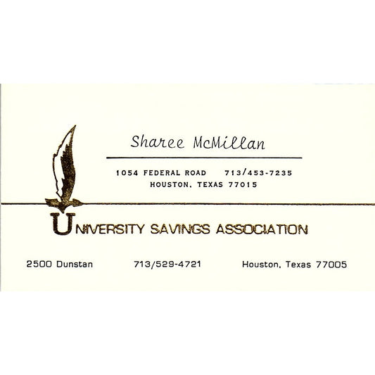 University Savings Association Sharee McMillian Houston TX Business Card SB4-B10