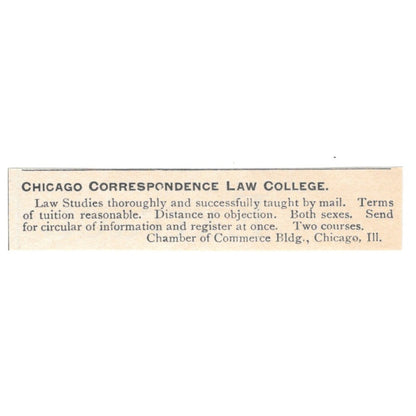 Chicago Correspondence Law College Chicago IL 1892 Magazine Ad AK6-S6