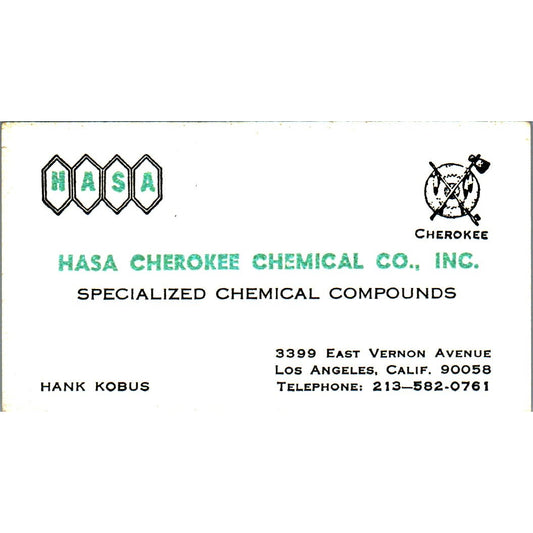Hank Kobus Hasa Cherokee Chemical Co Los Angeles Vintage Business Card SE3-B9