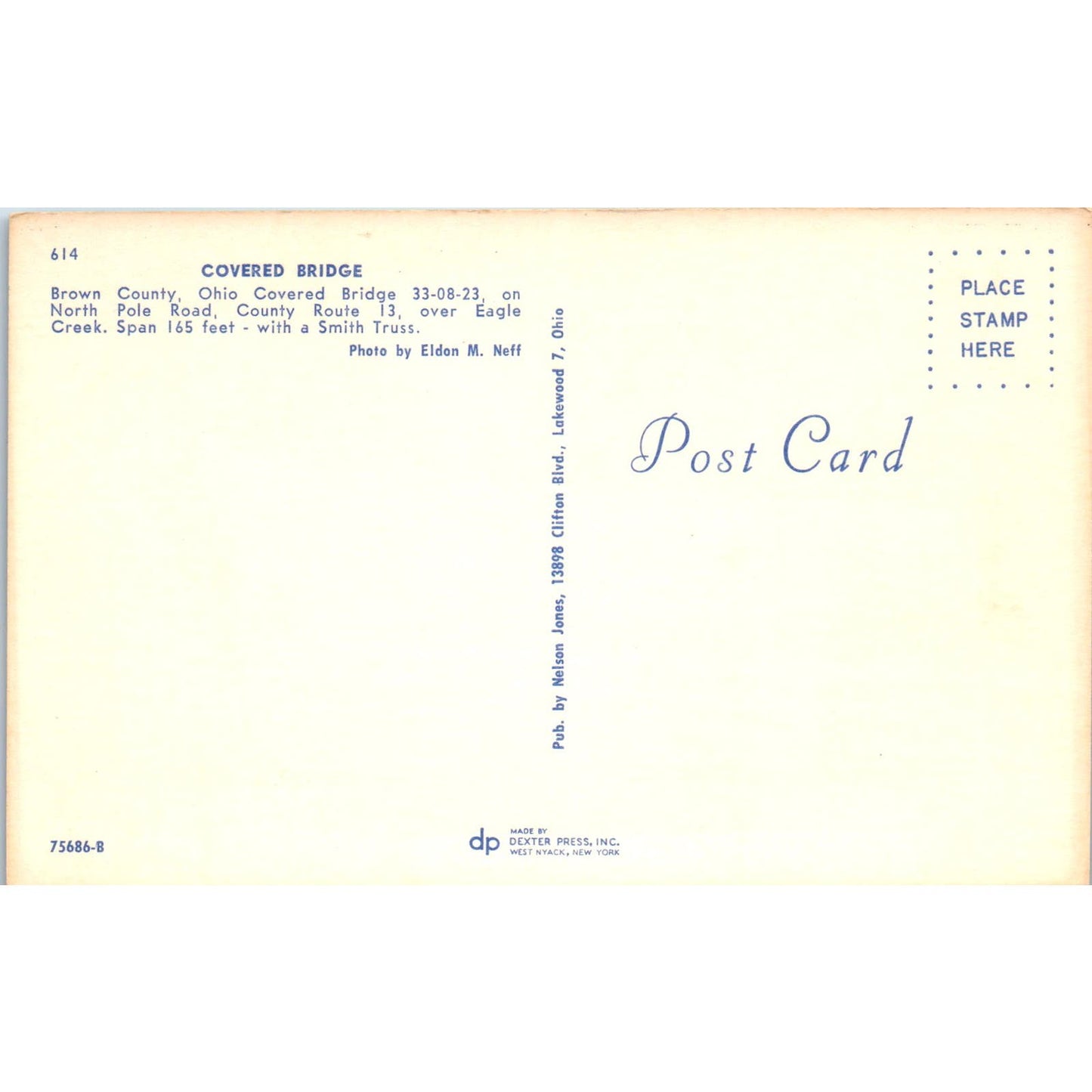 Brown County Eagle Creek Ohio Covered Bridge Postcard PC2