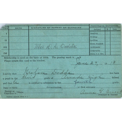 1912-13 Buffalo NY Arcade High School Report Card Graham Dodds AE6