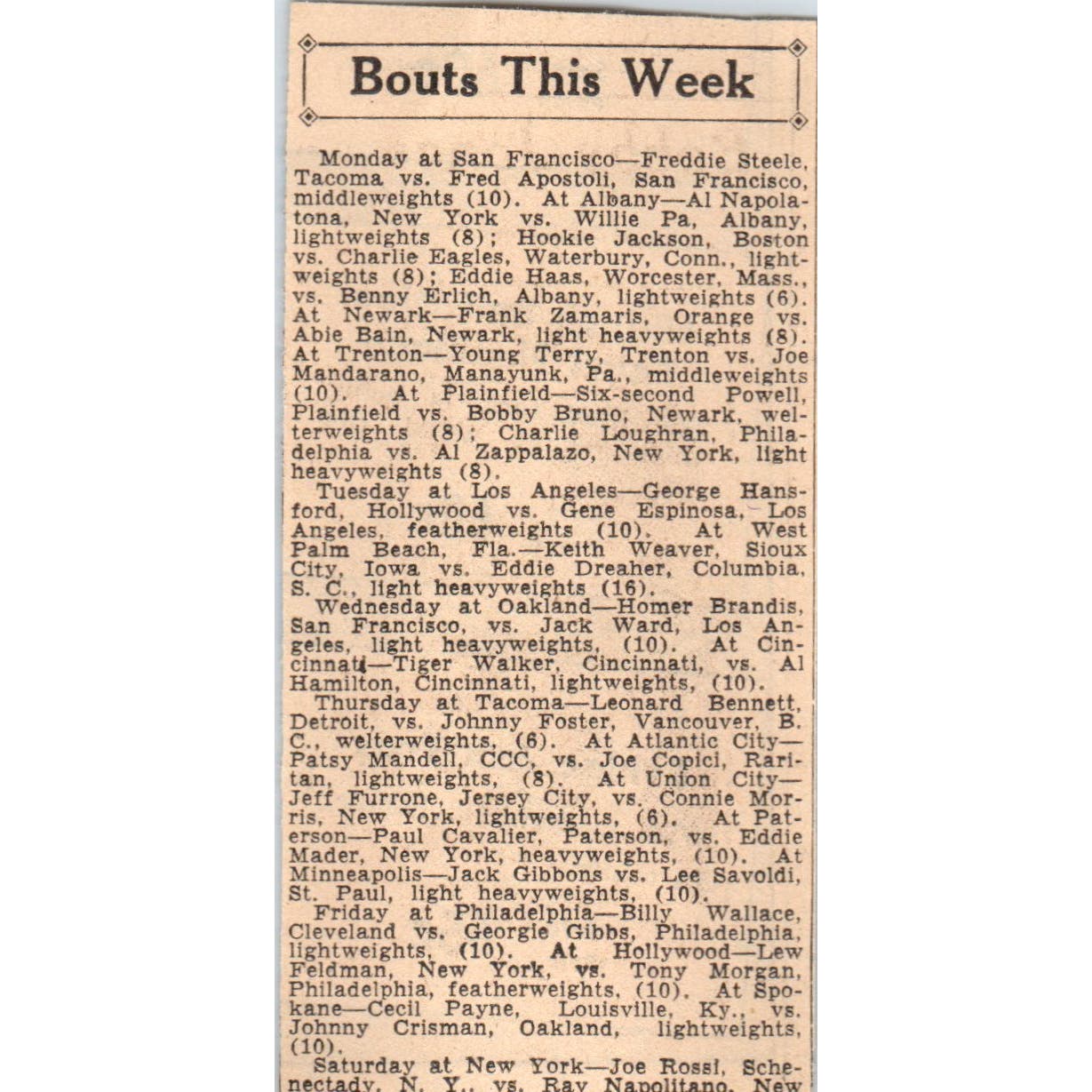 Upcoming Boxing Bouts Freddie Steele 1935 Minneapolis Journal Article AE7-N5