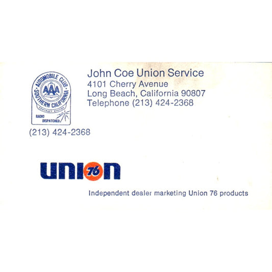 John Coe Union Service Long Beach Vintage Business Card SD8-B21