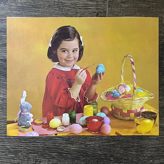 1971 Kitsch Little Girl Painting Easter Eggs 8x10 Art Print V2