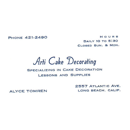 Vint. Arti Cake Decorating Alyce Tomren Cake Decoration CA Business Card SF3-B1