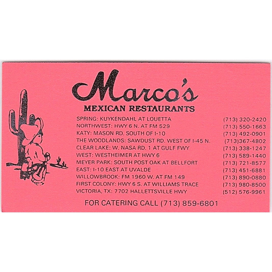 Marco's Mexican Restaurants Houston Vintage Business Card SD9-B6
