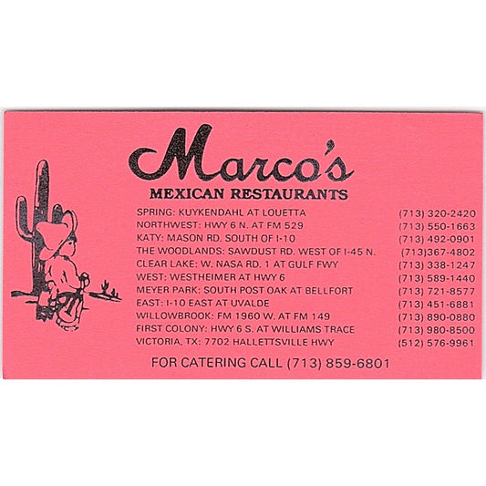 Marco's Mexican Restaurants Houston Vintage Business Card SD9-B6
