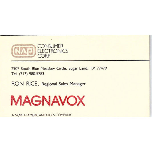 Ron Rice NAP Electronics Magnavox Sugar Land TX Vintage Business Card SC9-B8