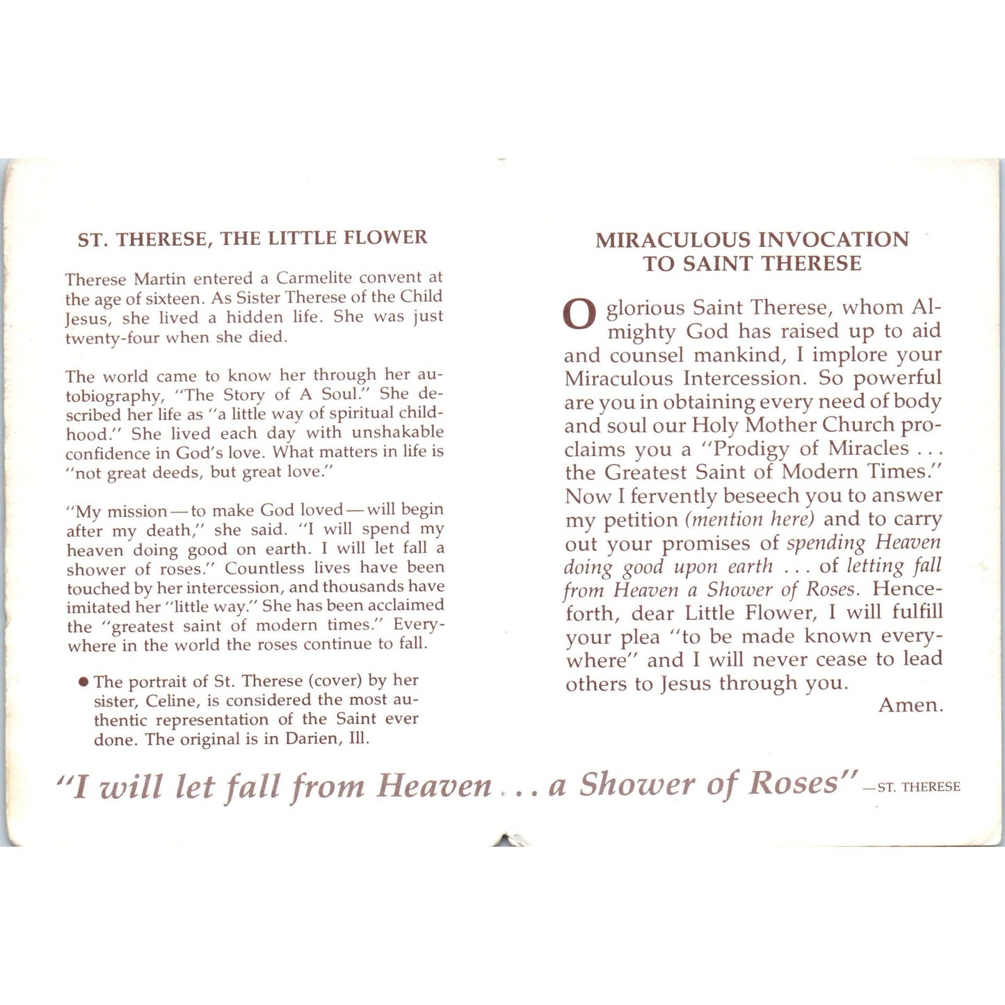 St. Therese Of The Child of Jesus Vintage Catholic Prayer Leaflet TH2-PC2