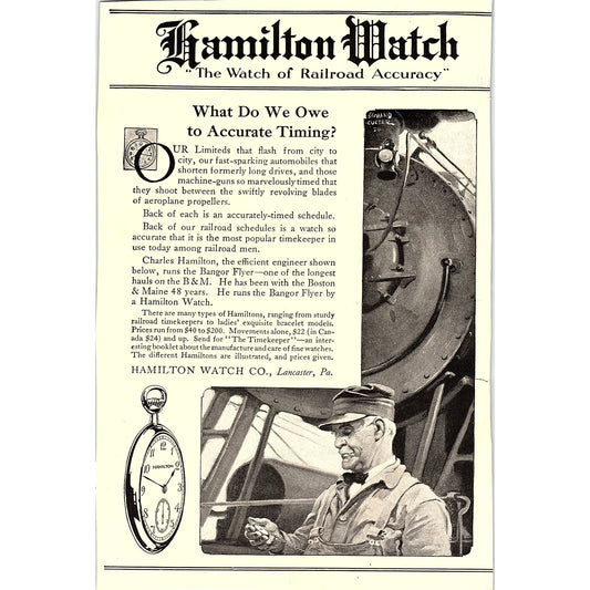 Hamilton Watch Co Lancaster PA Railroad Accuracy Charles Hamilton c1920 Ad AF8-9