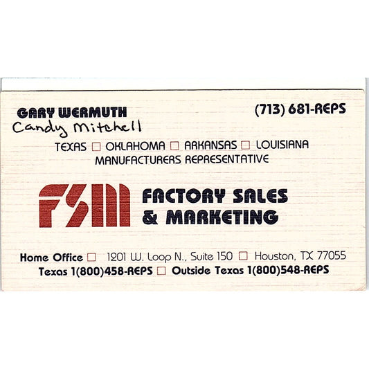 Gary Wermuth FSM Factory Sales & Marketing Dallas Vintage Business Card SC9-B9