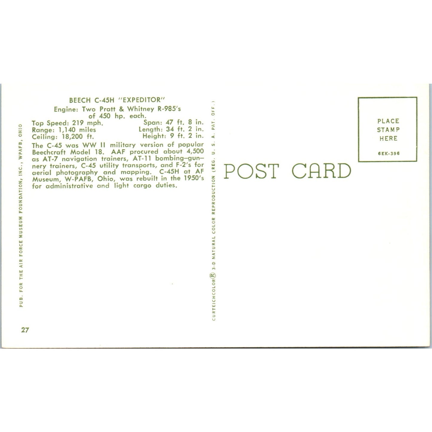 Beech C-45H Expeditor Vintage Postcard TG8-PC