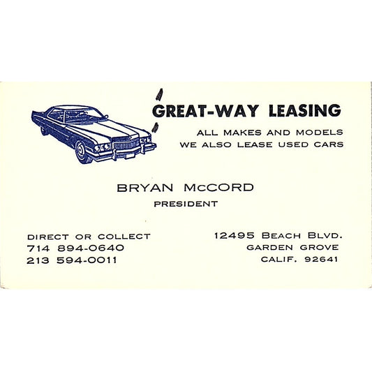 Great-Way Leasing Bryan McCord Garden Grove CA Vintage Business Card SD9-B10