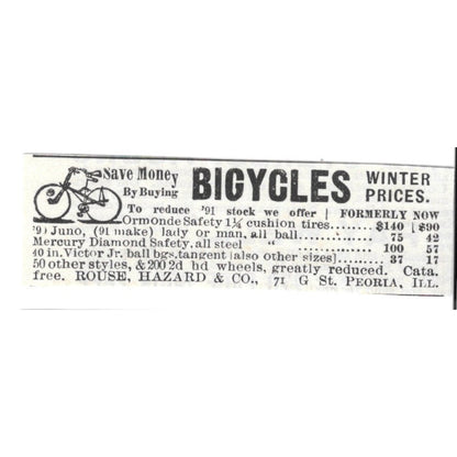 Bicycles on Winter Prices Rouse, Hazard & Co Peoria IL 1892 Ad AG2-S23