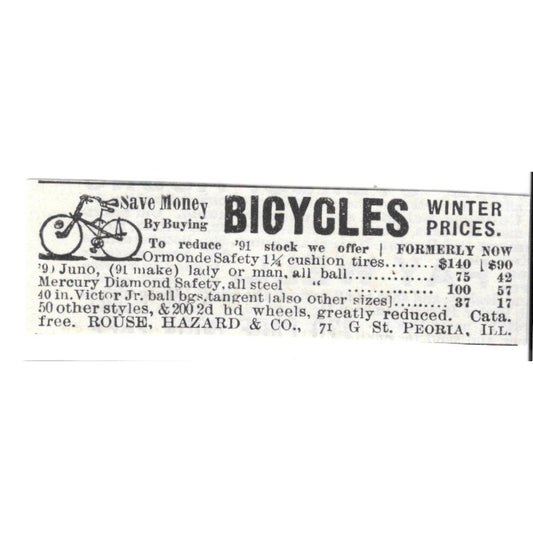Bicycles on Winter Prices Rouse, Hazard & Co Peoria IL 1892 Ad AG2-S23
