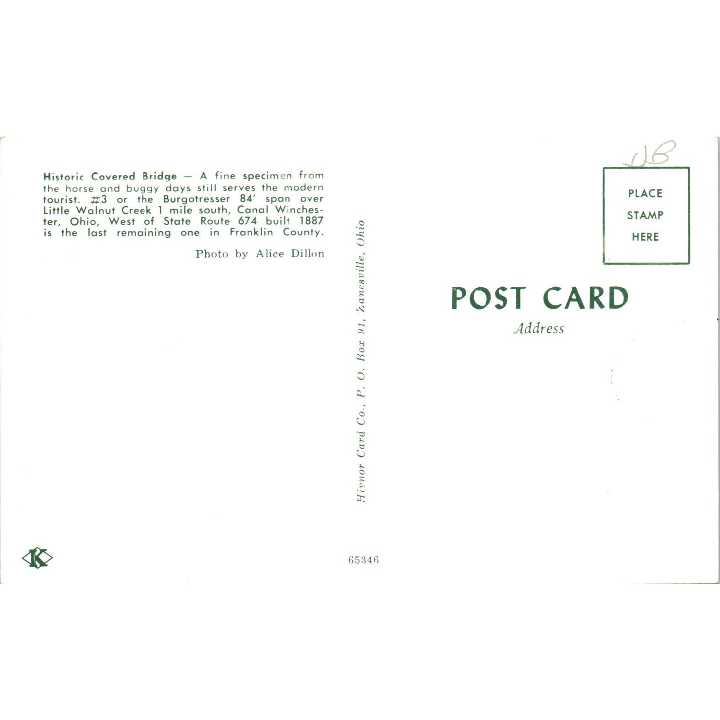 Burgotresser #3 Canal Winchester Ohio Covered Bridge Postcard PB13