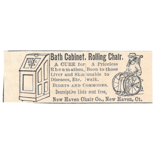 New Haven Chair Co Handicap Bath Cabinet Rolling Chair 1892 Magazine Ad AB6-S2