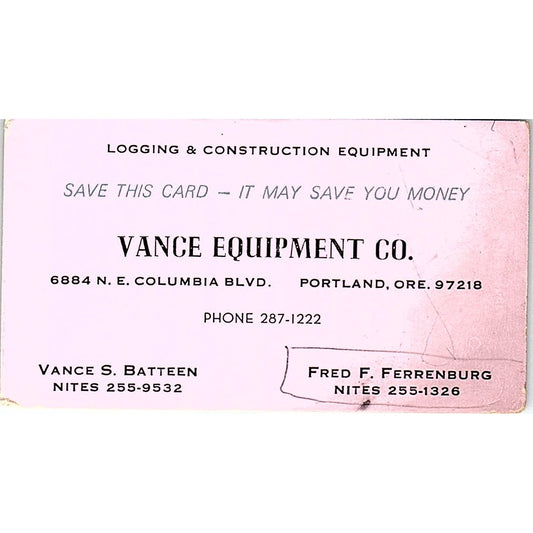 Vance Equipment Co Vance S. Batteen Portland Oregon Vintage Business Card SB4-B4