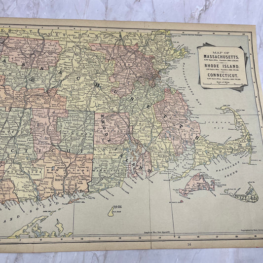 1899 Map of MA, RI and CT Fold Out Original Tinted Map Engraving FL6-8