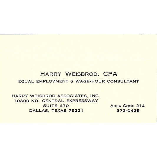 Harry Weisbrod CPA Dallas TX Vintage Business Card SD9-B1