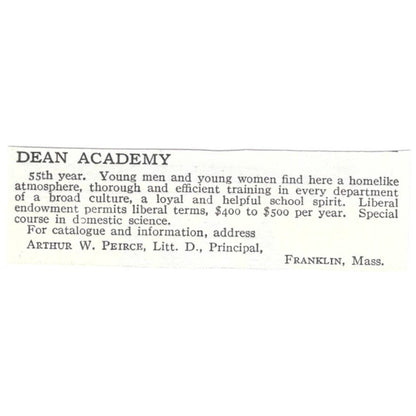 Dean Academy Walter W. Peirce Franklin MA c1918 Original Advertisement AE5-SV4