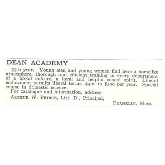 Dean Academy Walter W. Peirce Franklin MA c1918 Original Advertisement AE5-SV4