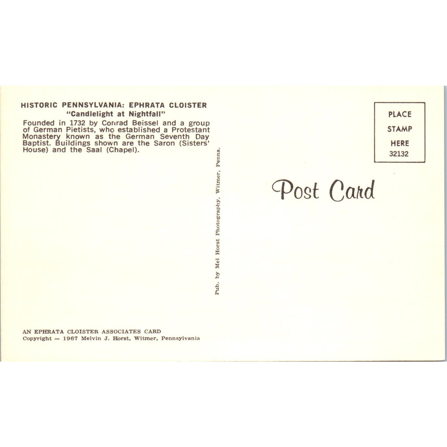 Candlelight at Nightfall Ephrata Cloister PA Dutch Country Vintage Postcard PD4