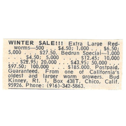 Bud Kinney Worm Grower Chico California 1977 Ad AF6-S8