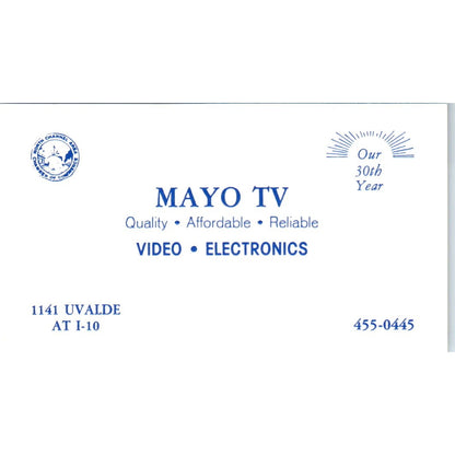 Mayo TV Video Electronics Houston TX Vintage Business Card SD8-B4