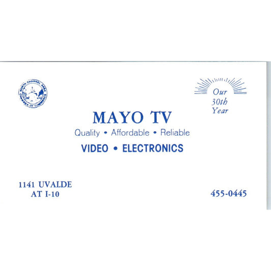 Mayo TV Video Electronics Houston TX Vintage Business Card SD8-B4