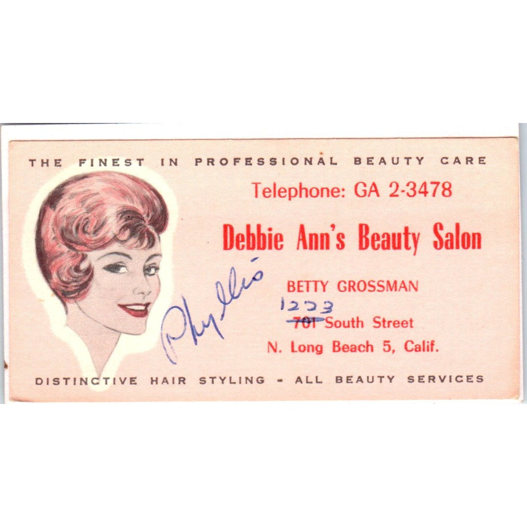 Debbie Ann's Beauty Salon Betty Grossman Long Beach Vtg Business Card SD8-B10