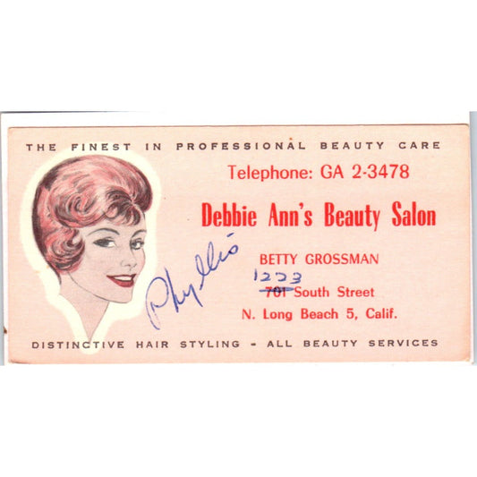 Debbie Ann's Beauty Salon Betty Grossman Long Beach Vtg Business Card SD8-B10