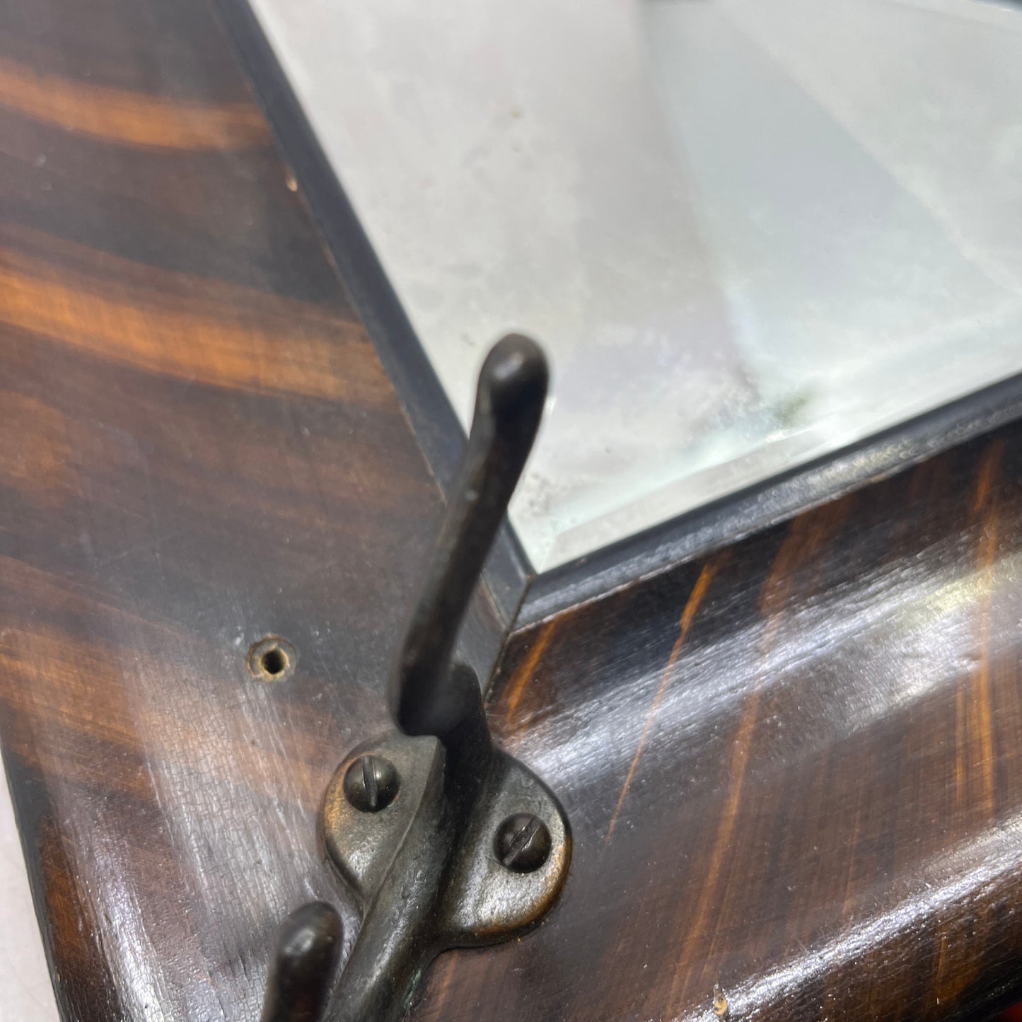 Antique Art Deco Tiger Oak Veneer Triangle Framed Mirror Hat Rack 27x13"