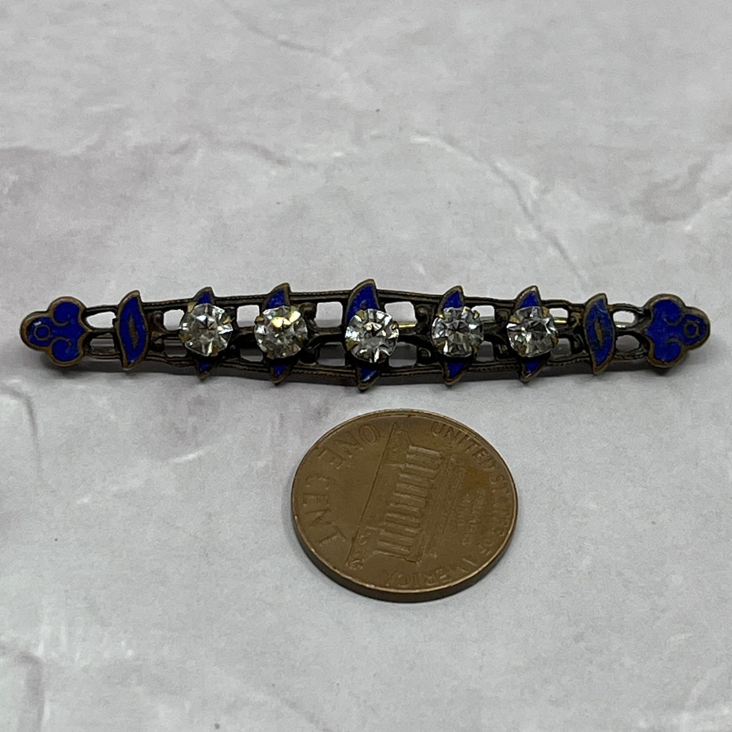 1920s Antique Art Nouveau Blue Enamel Rhinestone Bar Brooch Pin 2.25" SE2