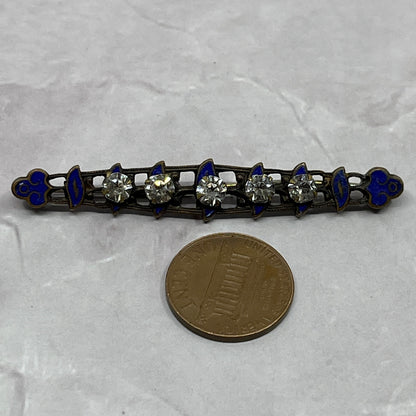 1920s Antique Art Nouveau Blue Enamel Rhinestone Bar Brooch Pin 2.25" SE2