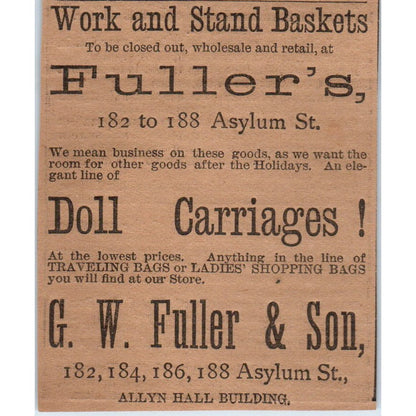 G.W. Fuller & Son Doll Carriages Allyn Hall Bldg Asylum St 1886 Ad AF7-E5