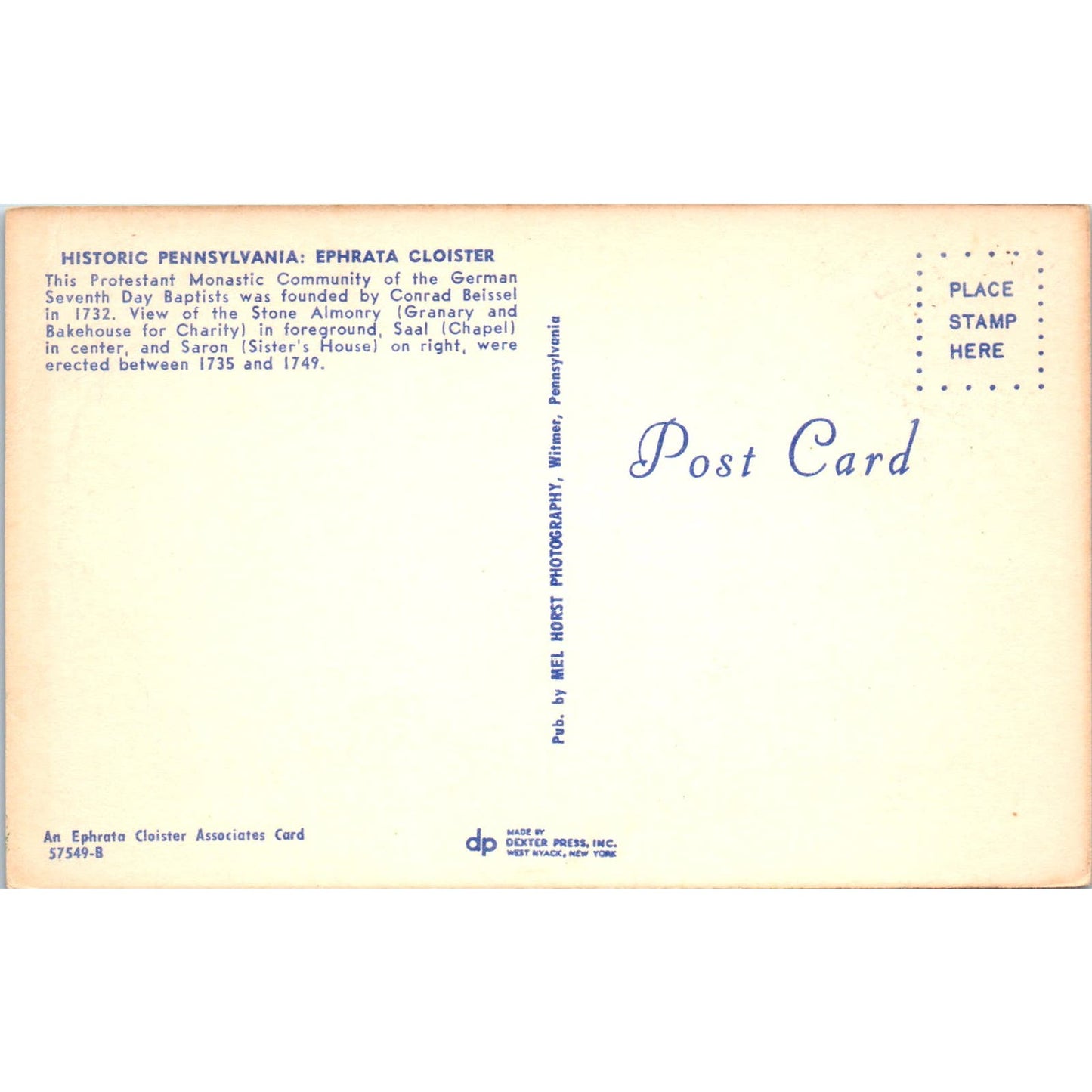 Historic Pennsylvania Ephrata Cloister Vintage Postcard PD4